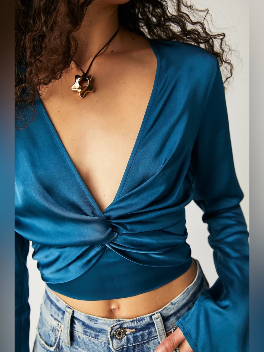 Free People Teal Mirya Front Twist Satin Crop Top NWOT